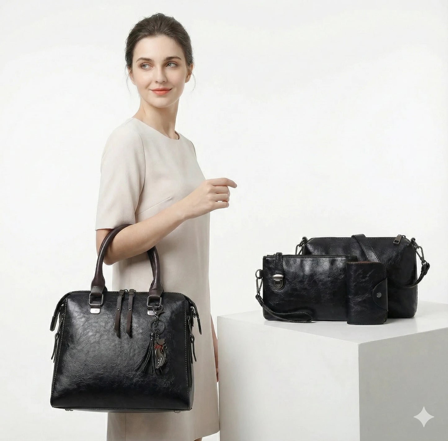Premium Genuine Leather Set - Handbag + Wallet + Clutch Wallet + Free Pouch