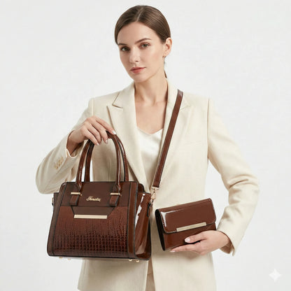 Handbag and Wallet Set in Genuine Leather - Croc