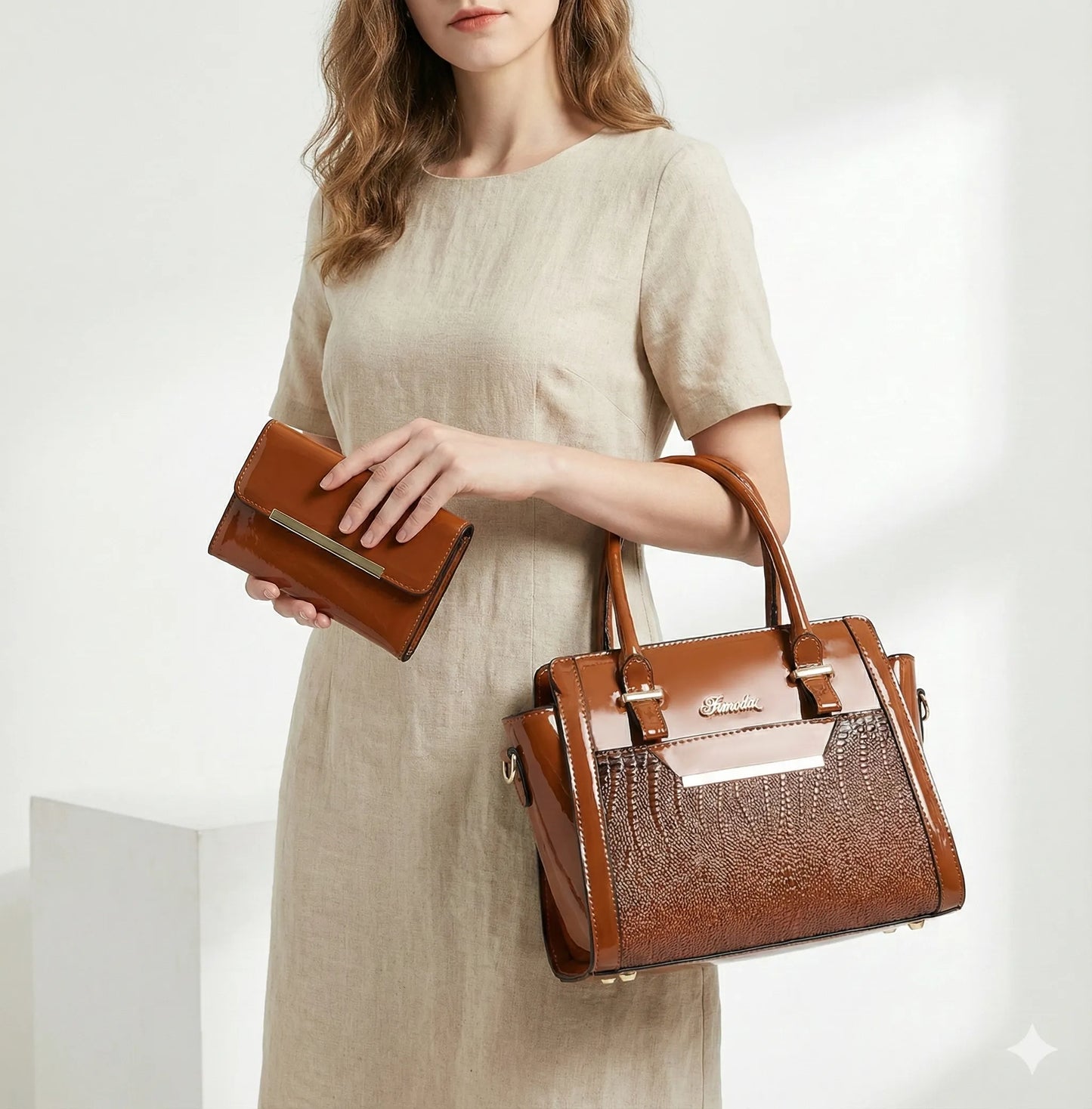 Handbag and Wallet Set in Genuine Leather - Croc
