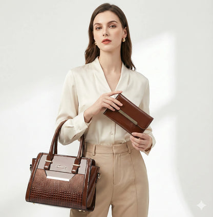 Handbag and Wallet Set in Genuine Leather - Croc