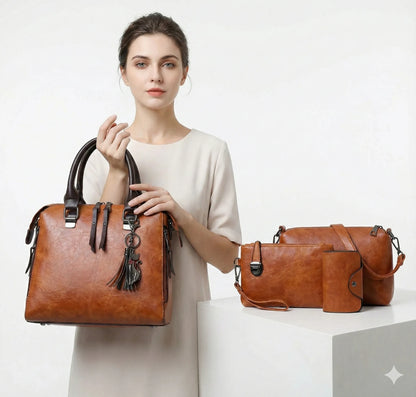 Premium Genuine Leather Set - Handbag + Wallet + Clutch Wallet + Free Pouch