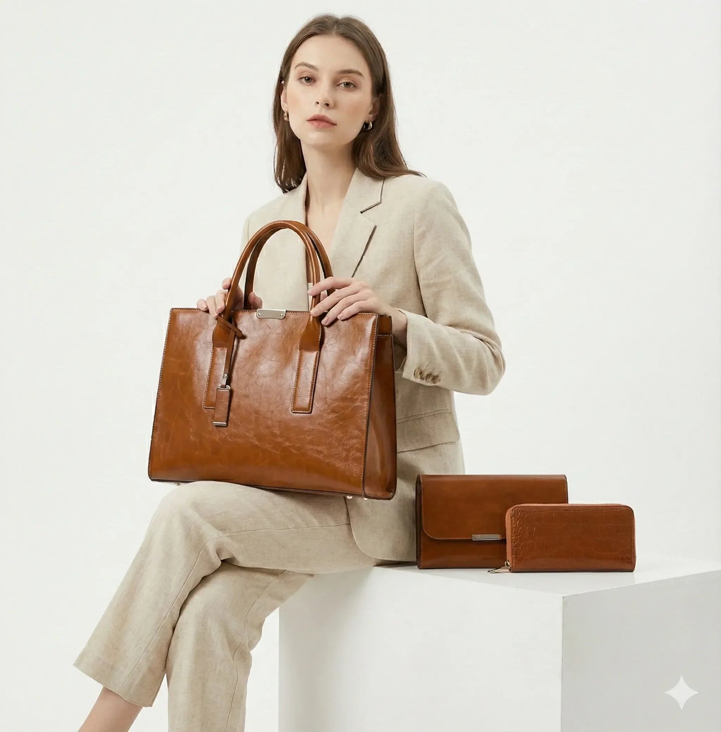 Genuine Leather Set Handbag + 2 Wallets - Zayna
