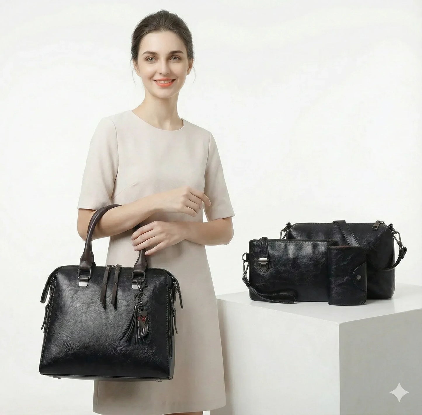Premium Genuine Leather Set - Handbag + Wallet + Clutch Wallet + Free Pouch