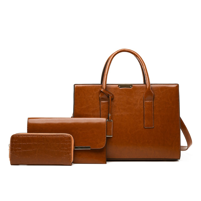 Genuine Leather Set Handbag + 2 Wallets - Zayna