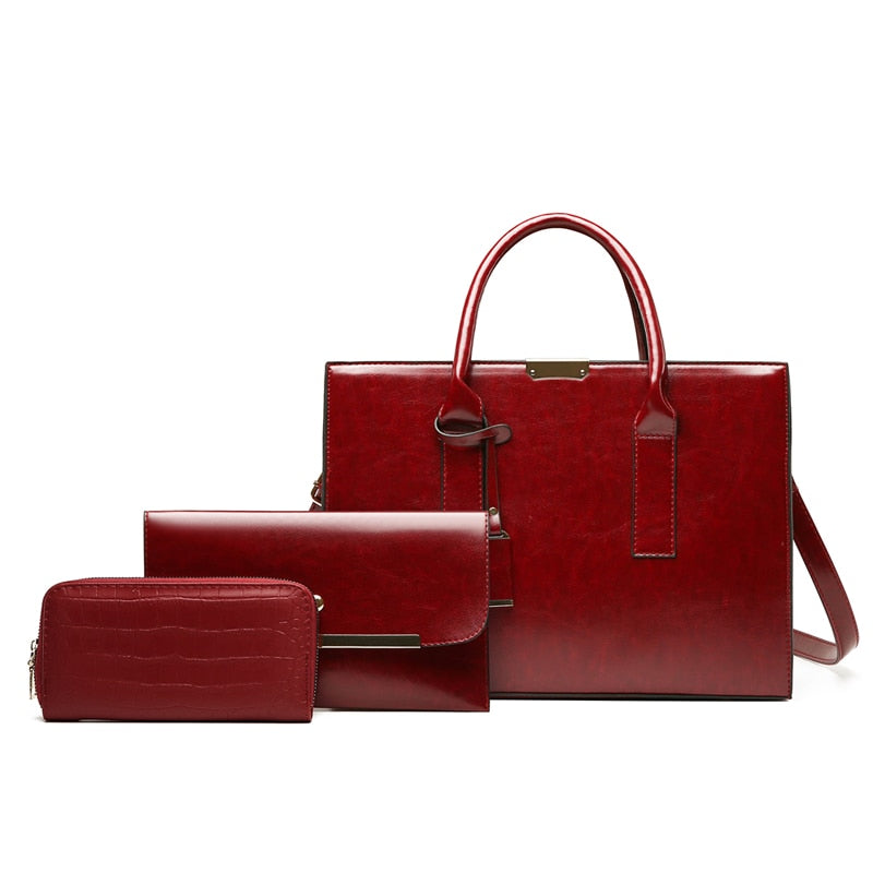 Genuine Leather Set Handbag + 2 Wallets - Zayna