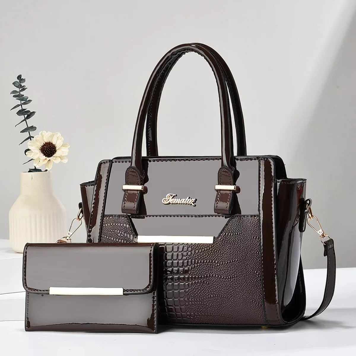 Handbag and Wallet Set in Genuine Leather - Croc