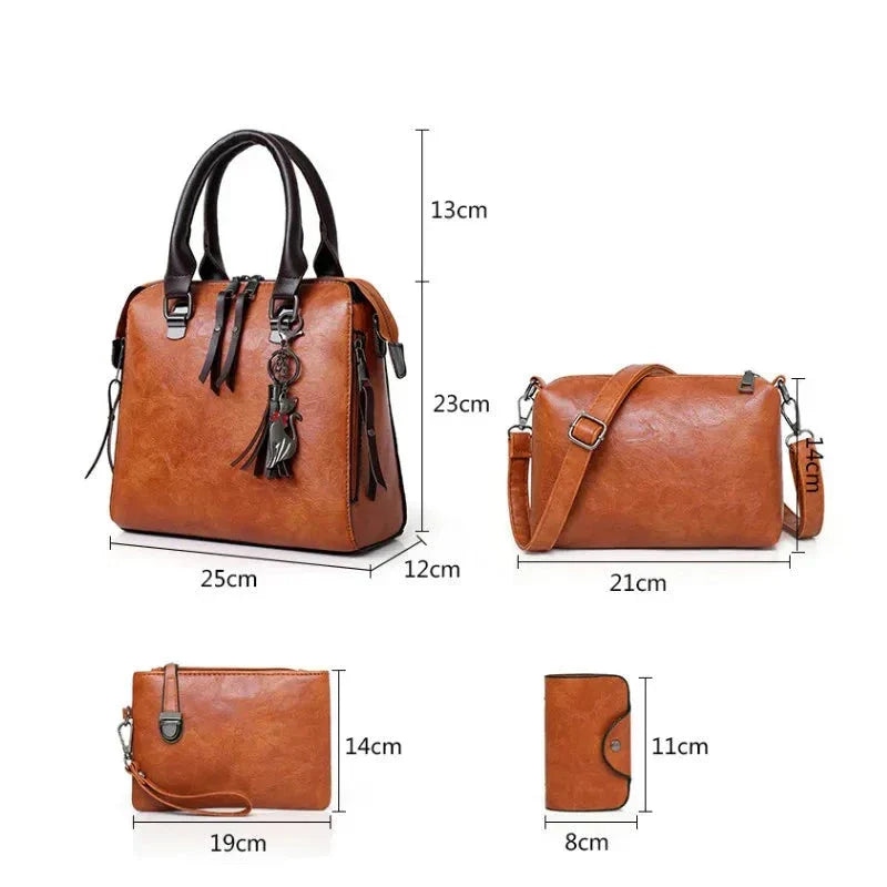 Premium Genuine Leather Set - Handbag + Wallet + Clutch Wallet + Free Pouch