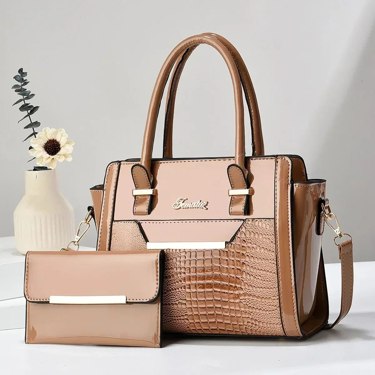 Handbag and Wallet Set in Genuine Leather - Croc