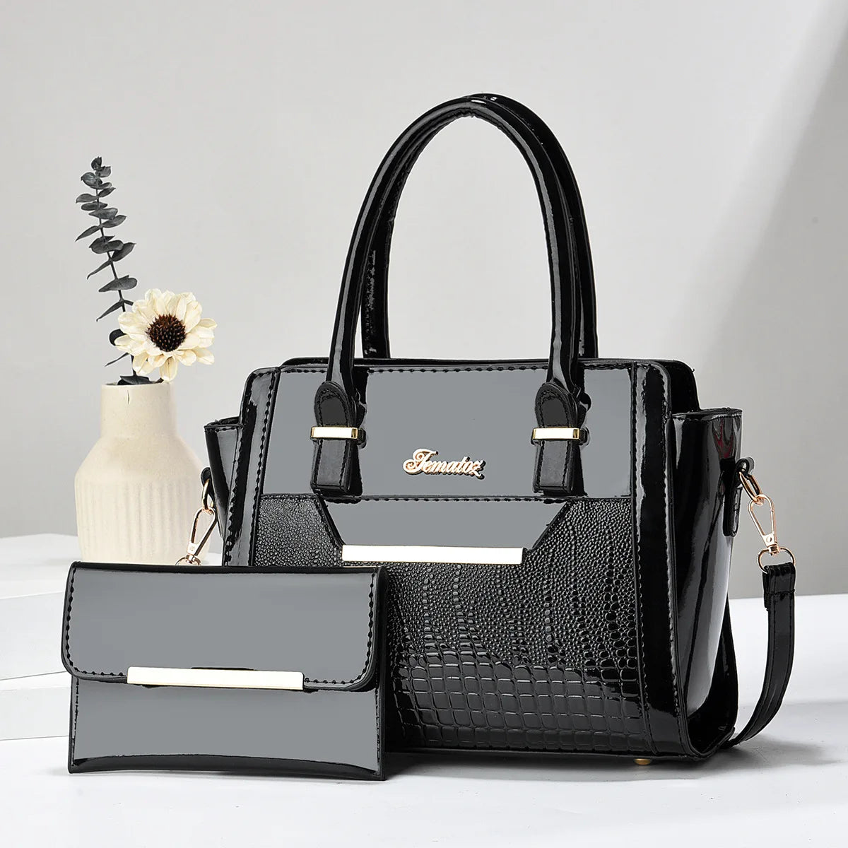 Handbag and Wallet Set in Genuine Leather - Croc