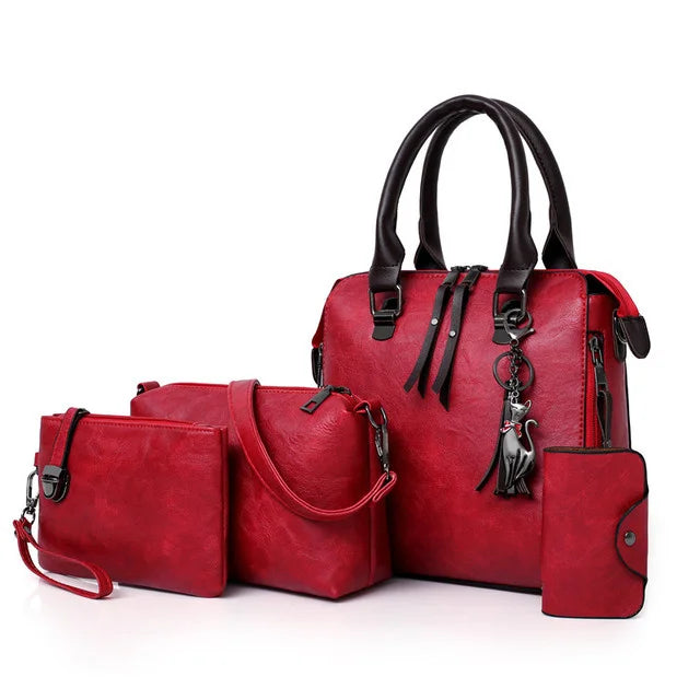 Premium Genuine Leather Set - Handbag + Wallet + Clutch Wallet + Free Pouch